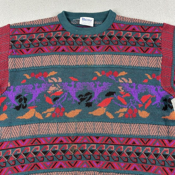 Vintage Meister‎ Sweater Mens Large Multicolor Geometric Knit Crewneck Birds 90s - Picture 2 of 7